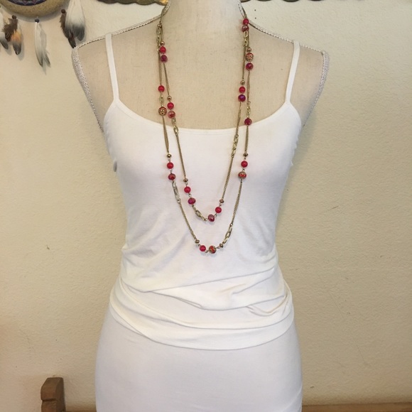 Vintage layered chain red sparkle bead necklace - Picture 3 of 7
